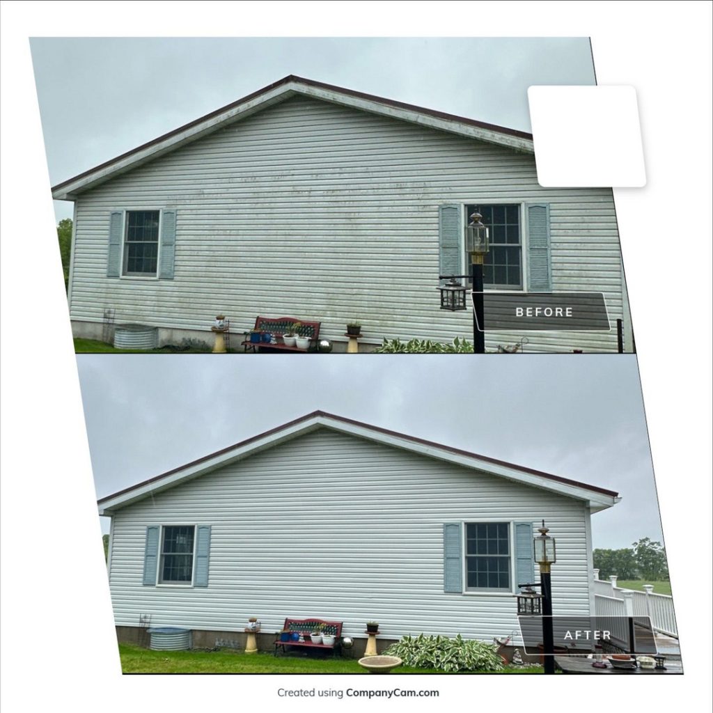 before and after comparison of a house showing significant cleaning improvement on white vinyl siding by pressure washing