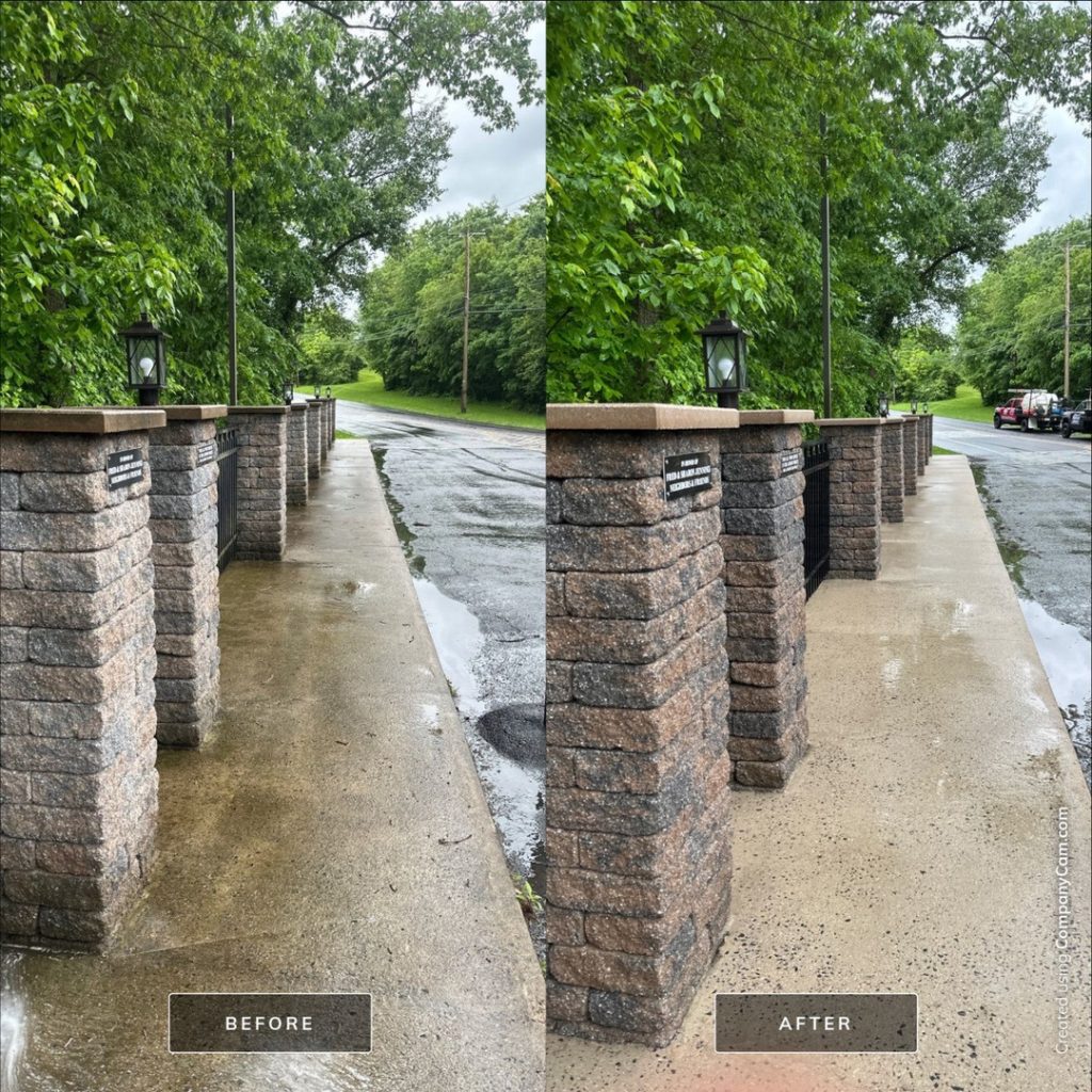 before and after comparison of cleaned concrete sidewalk showing significant dirt removal and improved visibility