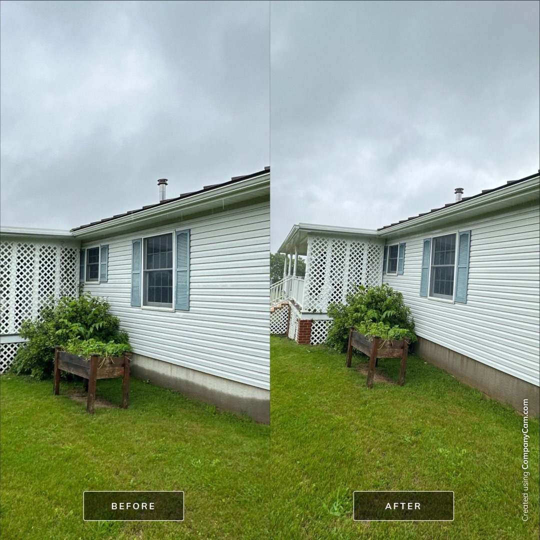 pro pressure works completed house washing on white vinyl siding with noticeable improvement in cleanliness and appearance